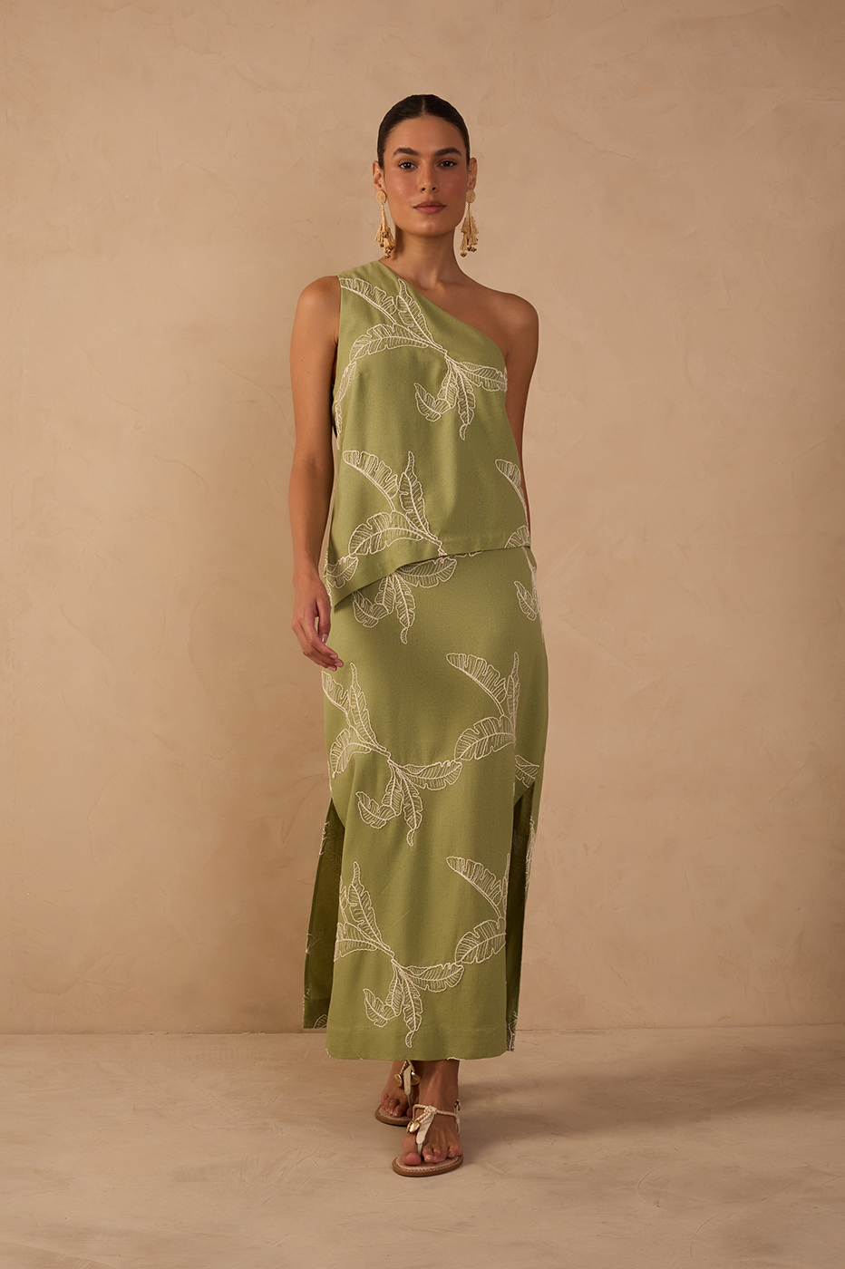 Green Embroidered Side Slits Maxi Skirt