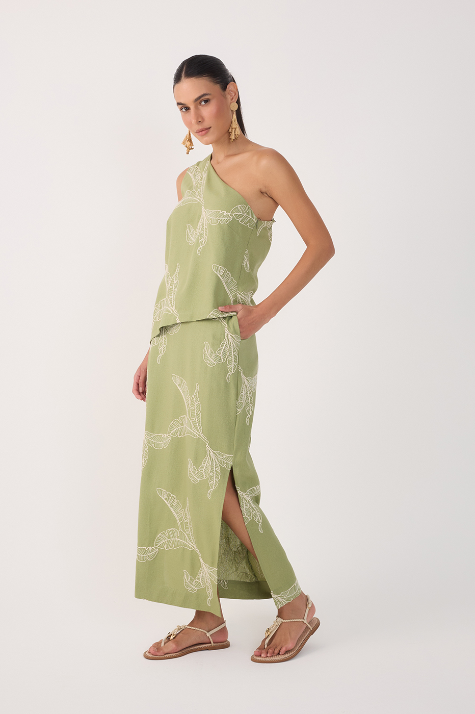 Green Embroidered Side Slits Maxi Skirt