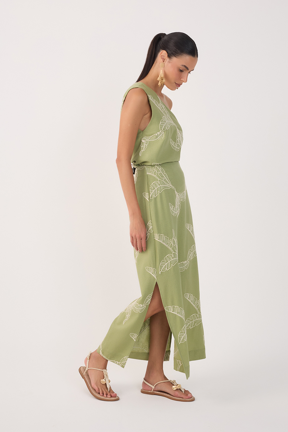 Green Embroidered Side Slits Maxi Skirt