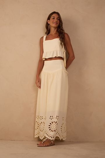 Beige Embroidered Side Ties Cotton Maxi Skirt