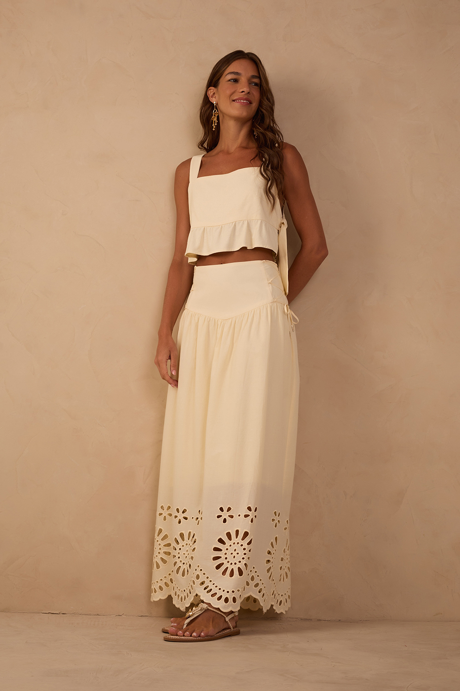 Beige Embroidered Side Ties Cotton Maxi Skirt