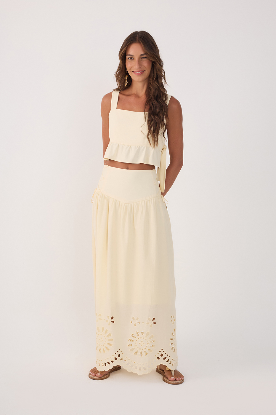 Beige Embroidered Side Ties Cotton Maxi Skirt