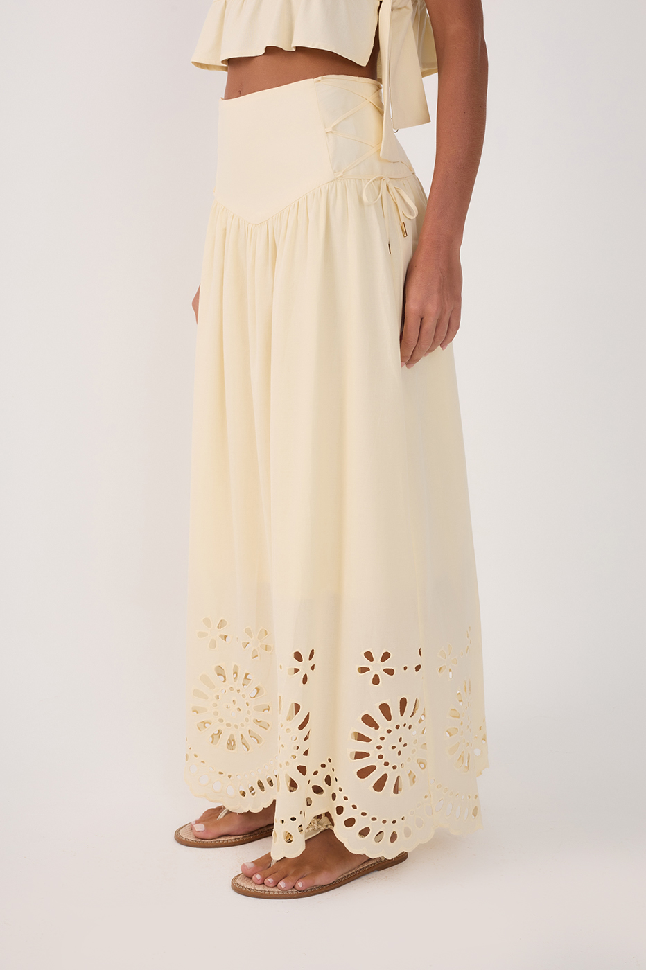 Beige Embroidered Side Ties Cotton Maxi Skirt