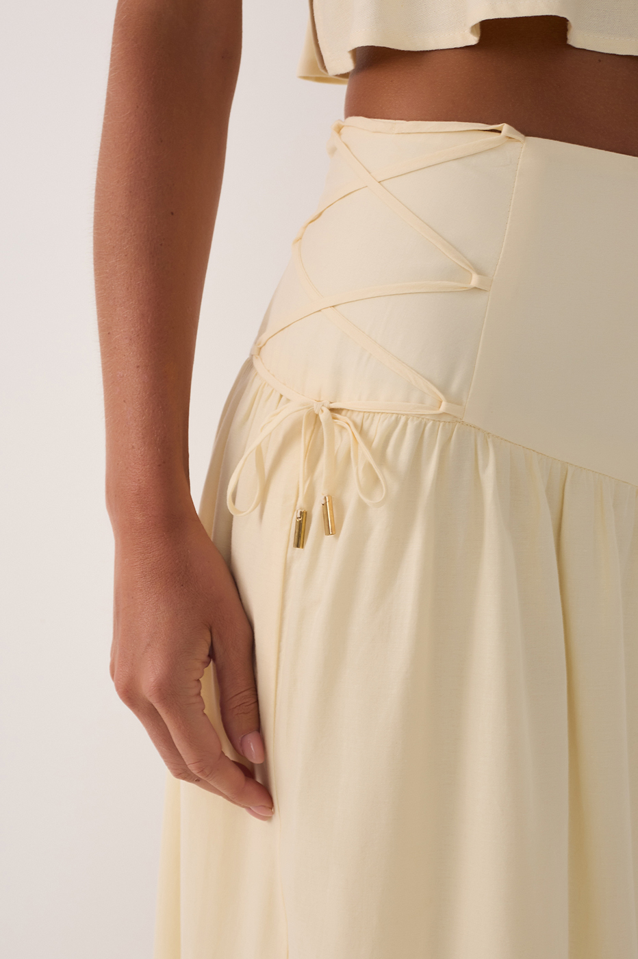 Beige Embroidered Side Ties Cotton Maxi Skirt