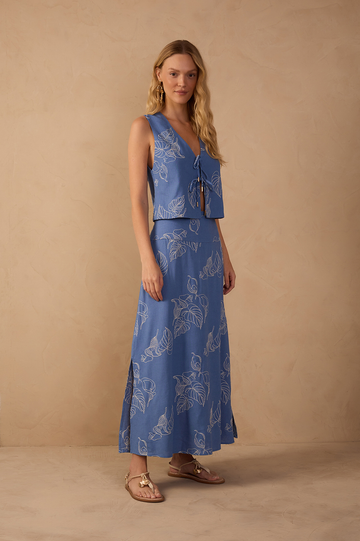 Blue Embroidered Slits Linen Midi Skirt