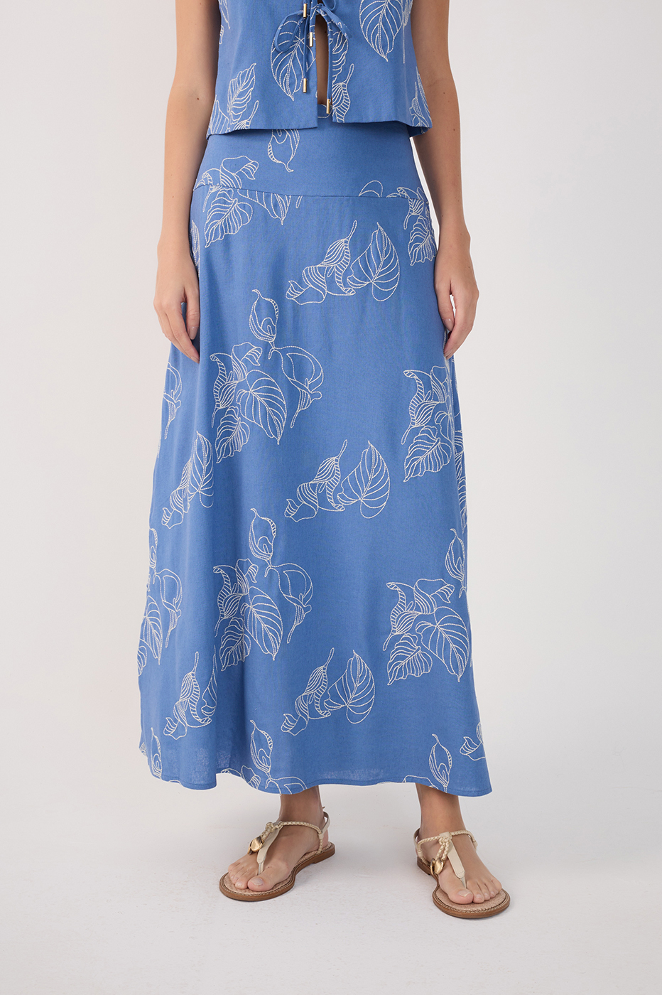 Blue Embroidered Slits Linen Midi Skirt