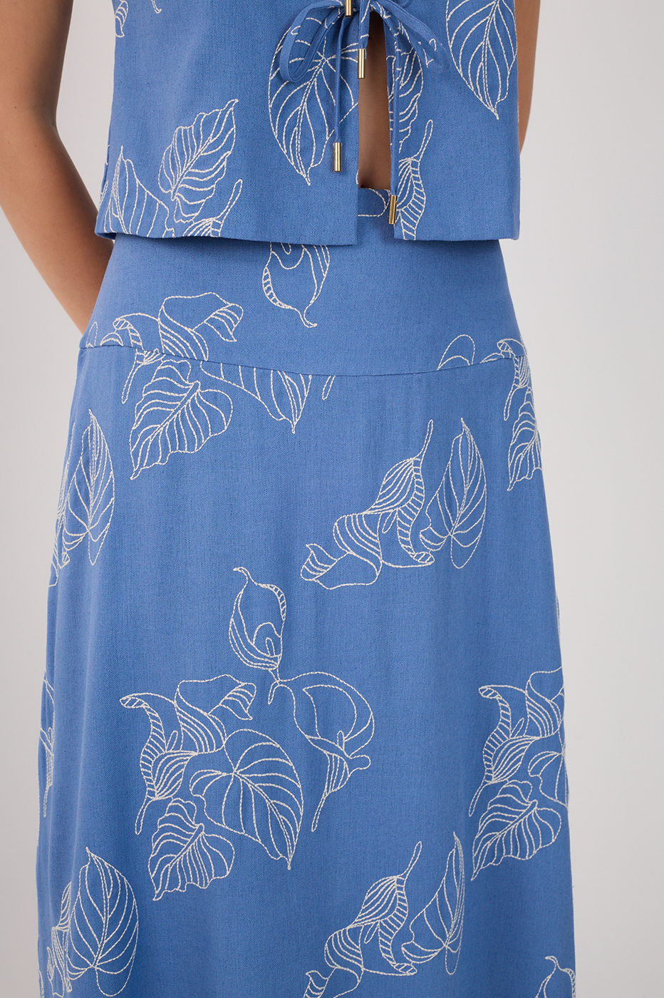 Blue Embroidered Slits Linen Midi Skirt