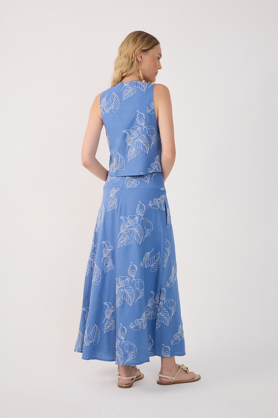 Blue Embroidered Slits Linen Midi Skirt