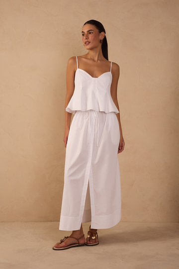 White Drawstring Side Slits Cotton Maxi Skirt