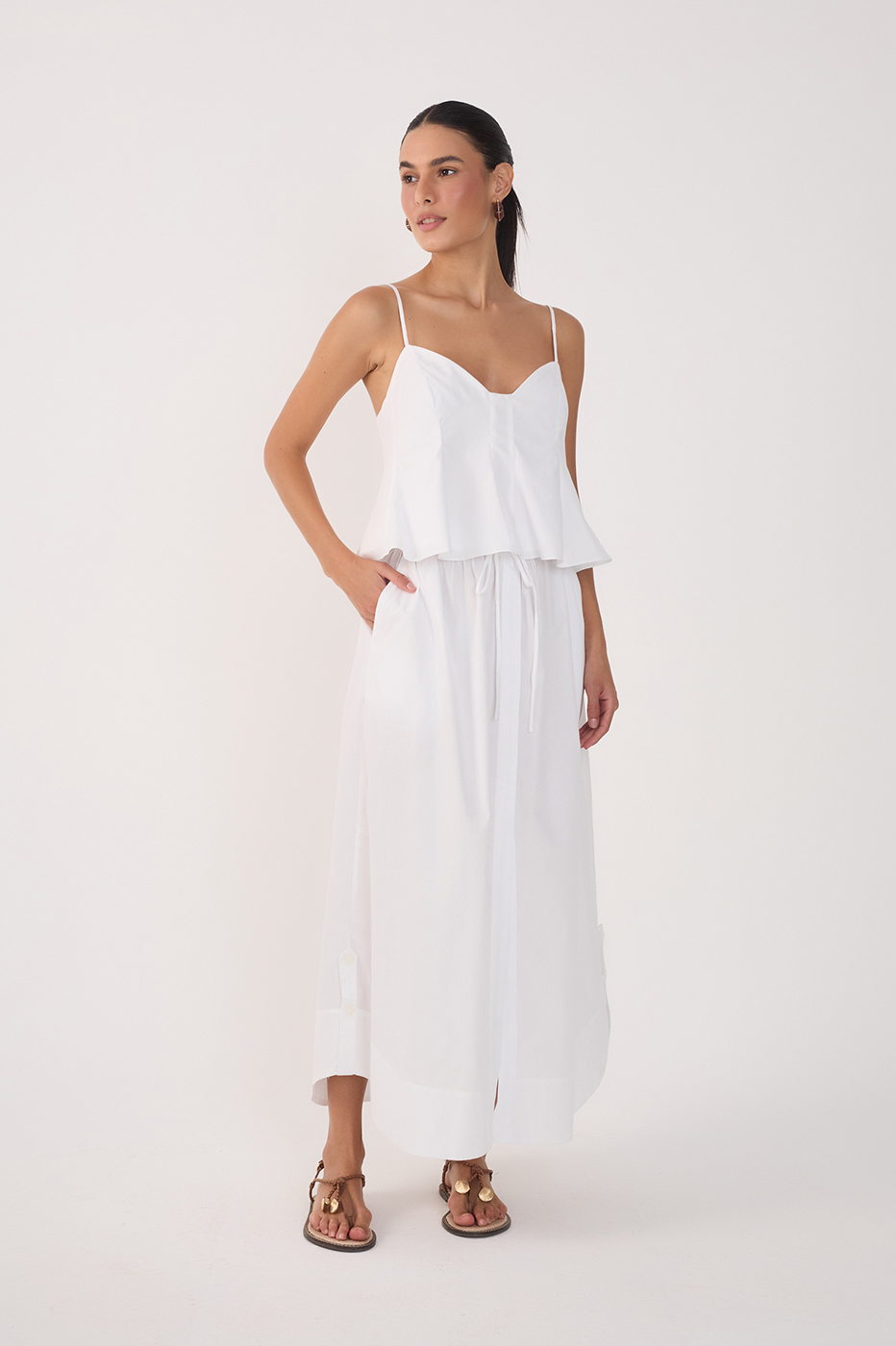 White Drawstring Side Slits Cotton Maxi Skirt