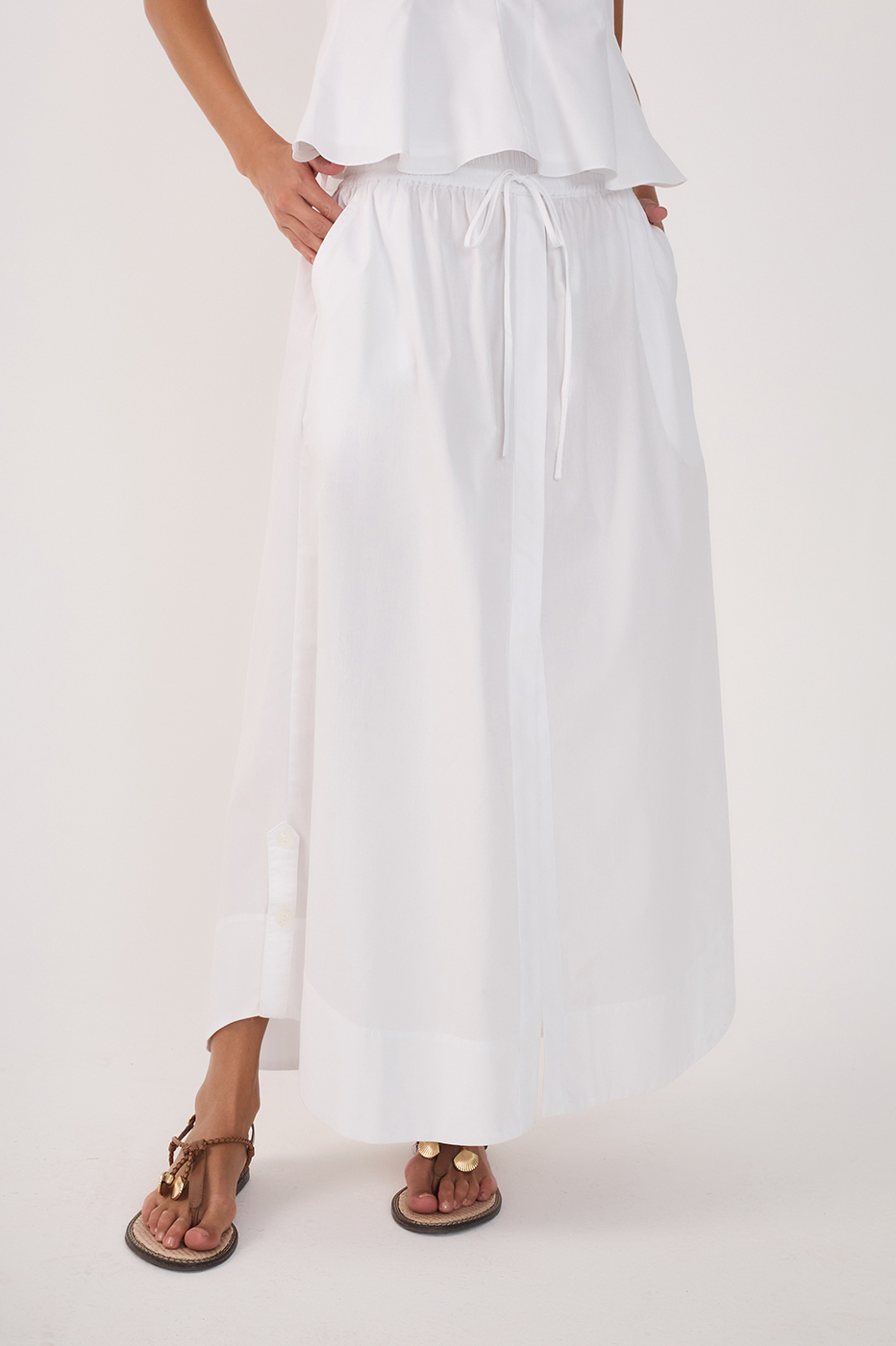 White Drawstring Side Slits Cotton Maxi Skirt