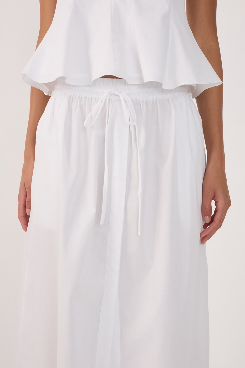 White Drawstring Side Slits Cotton Maxi Skirt