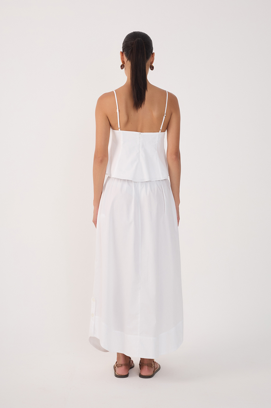 White Drawstring Side Slits Cotton Maxi Skirt