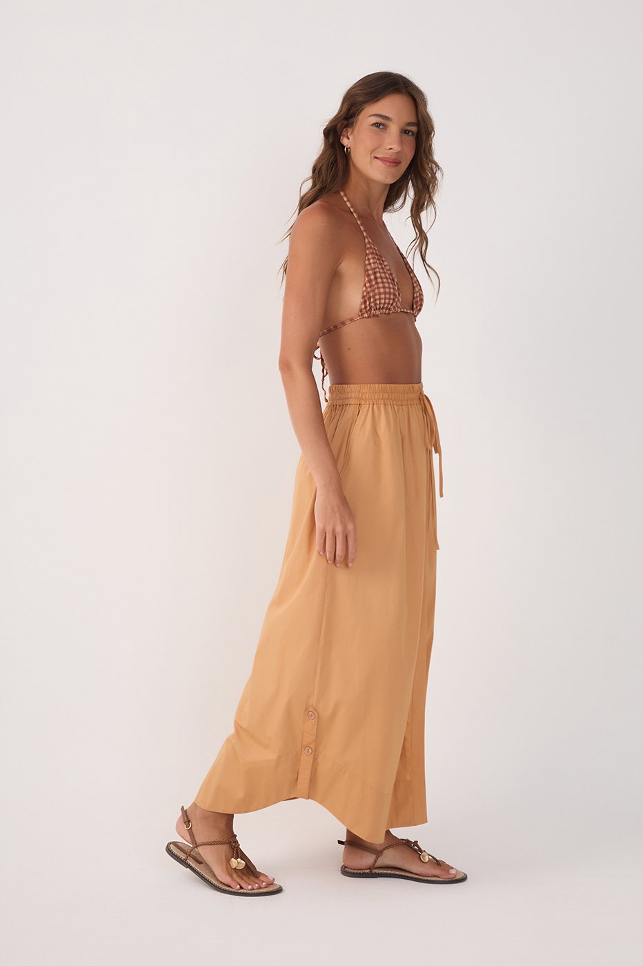Beige Drawstring Side Slits Cotton Maxi Skirt