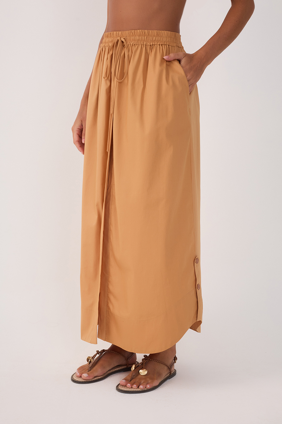 Beige Drawstring Side Slits Cotton Maxi Skirt