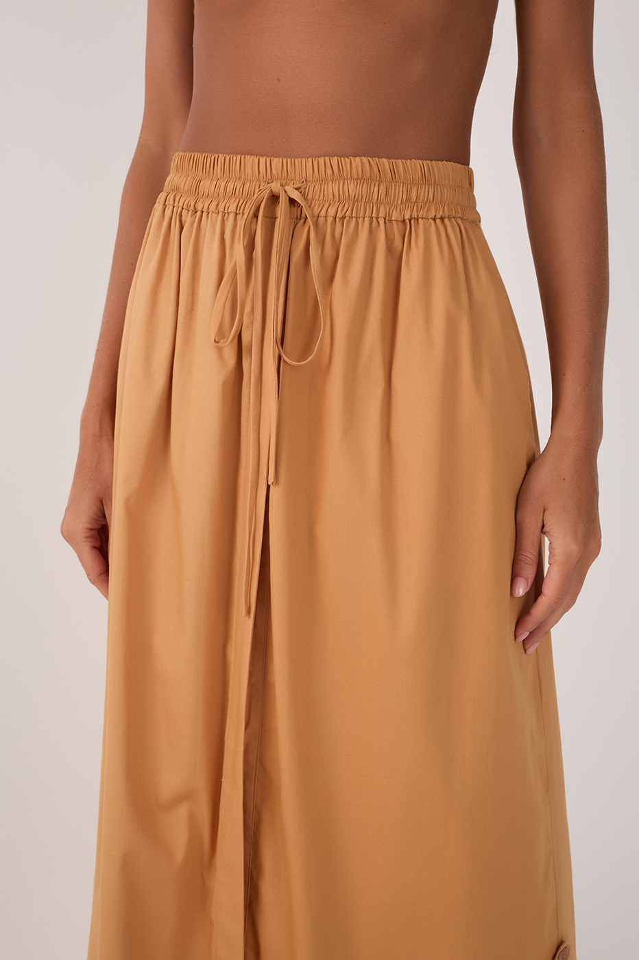Beige Drawstring Side Slits Cotton Maxi Skirt