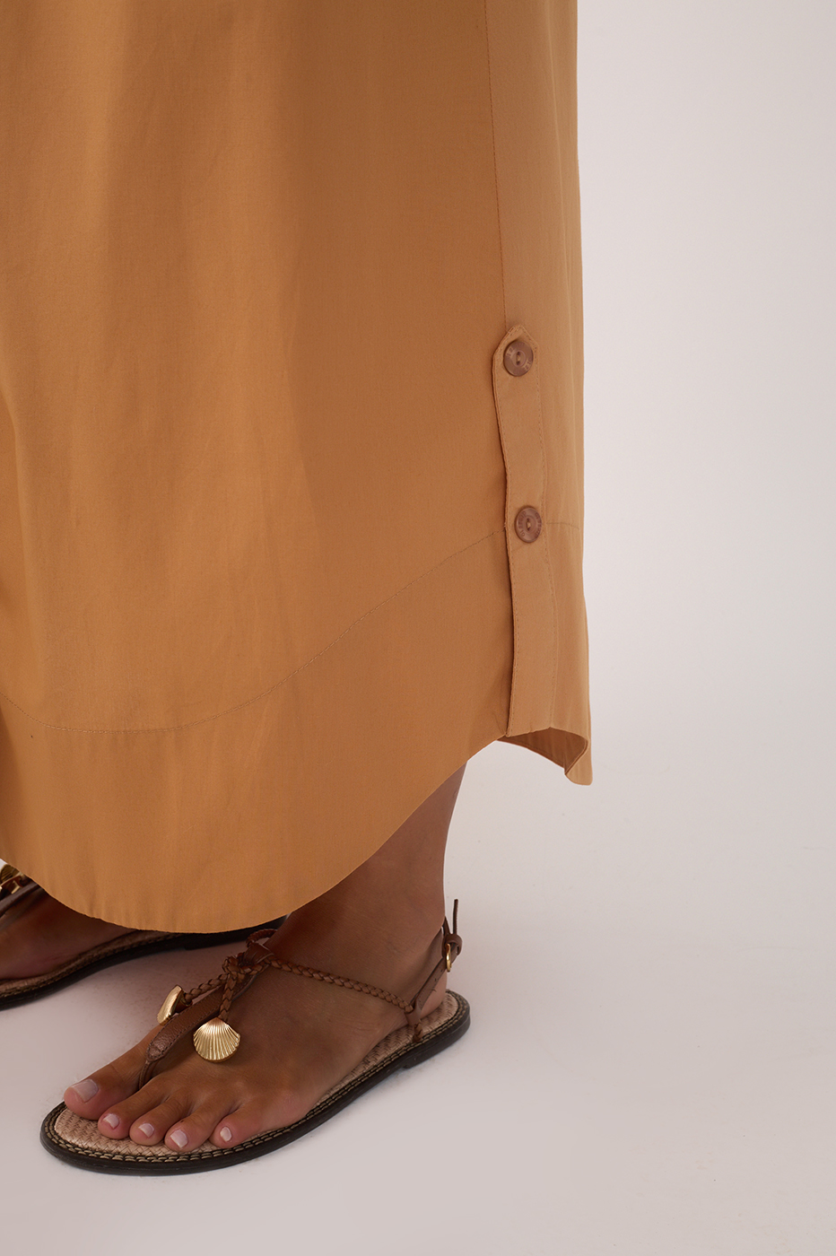 Beige Drawstring Side Slits Cotton Maxi Skirt
