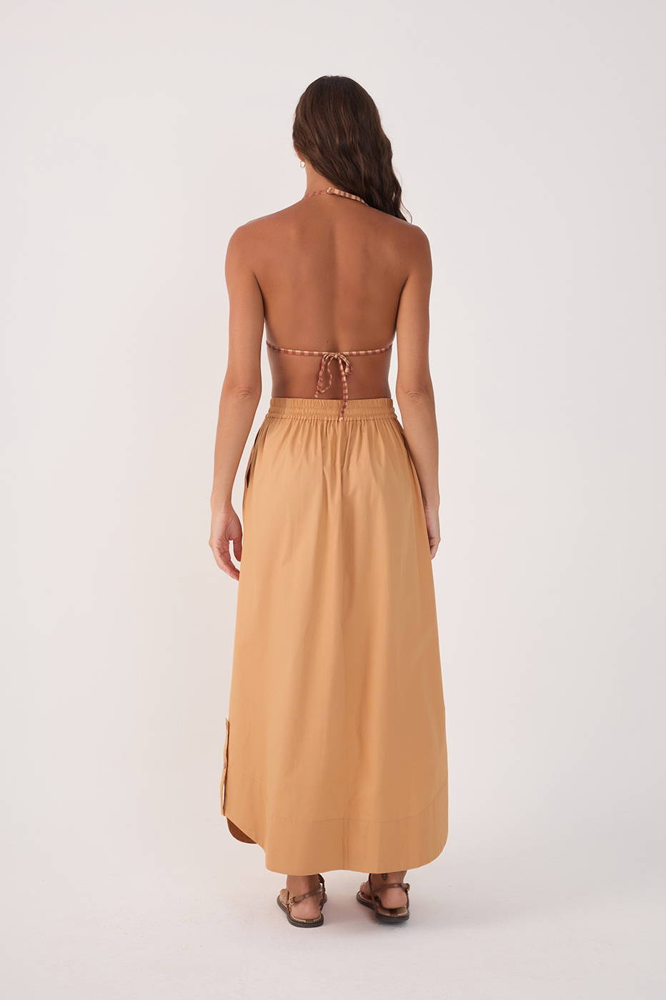 Beige Drawstring Side Slits Cotton Maxi Skirt