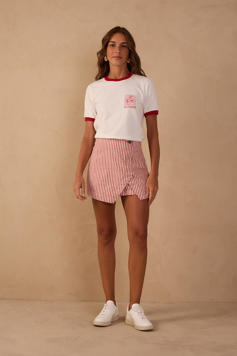 Red Stripes Buttoned Asymmetric Skorts