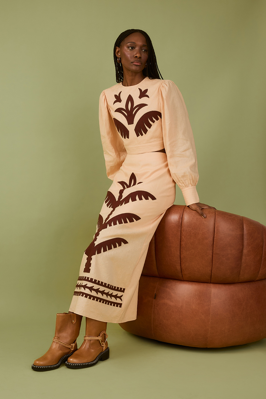 Beige Palm Print Midi Skirt