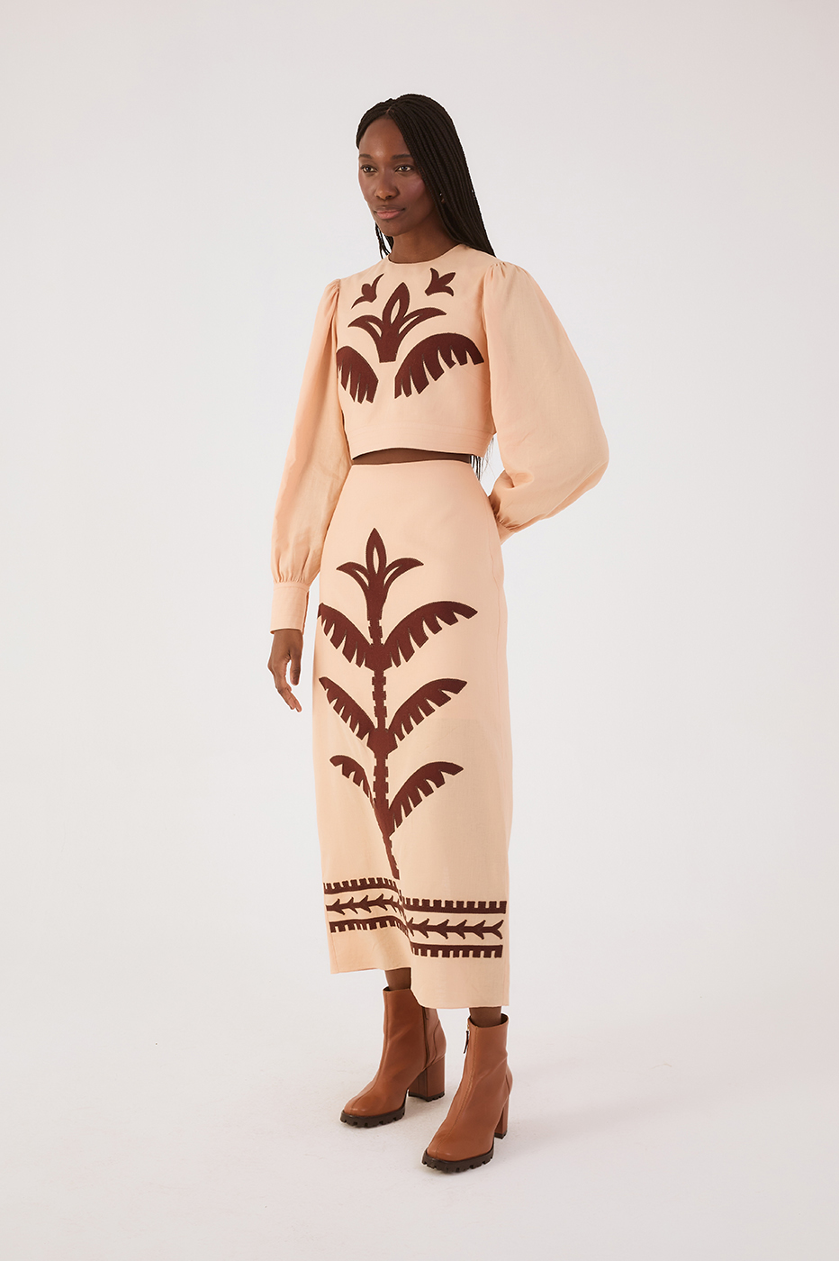 Beige Palm Print Midi Skirt
