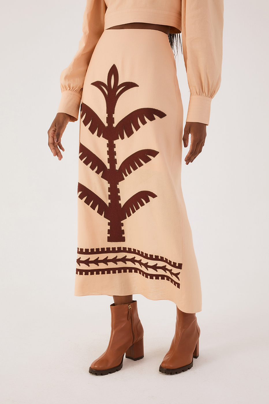 Beige Palm Print Midi Skirt