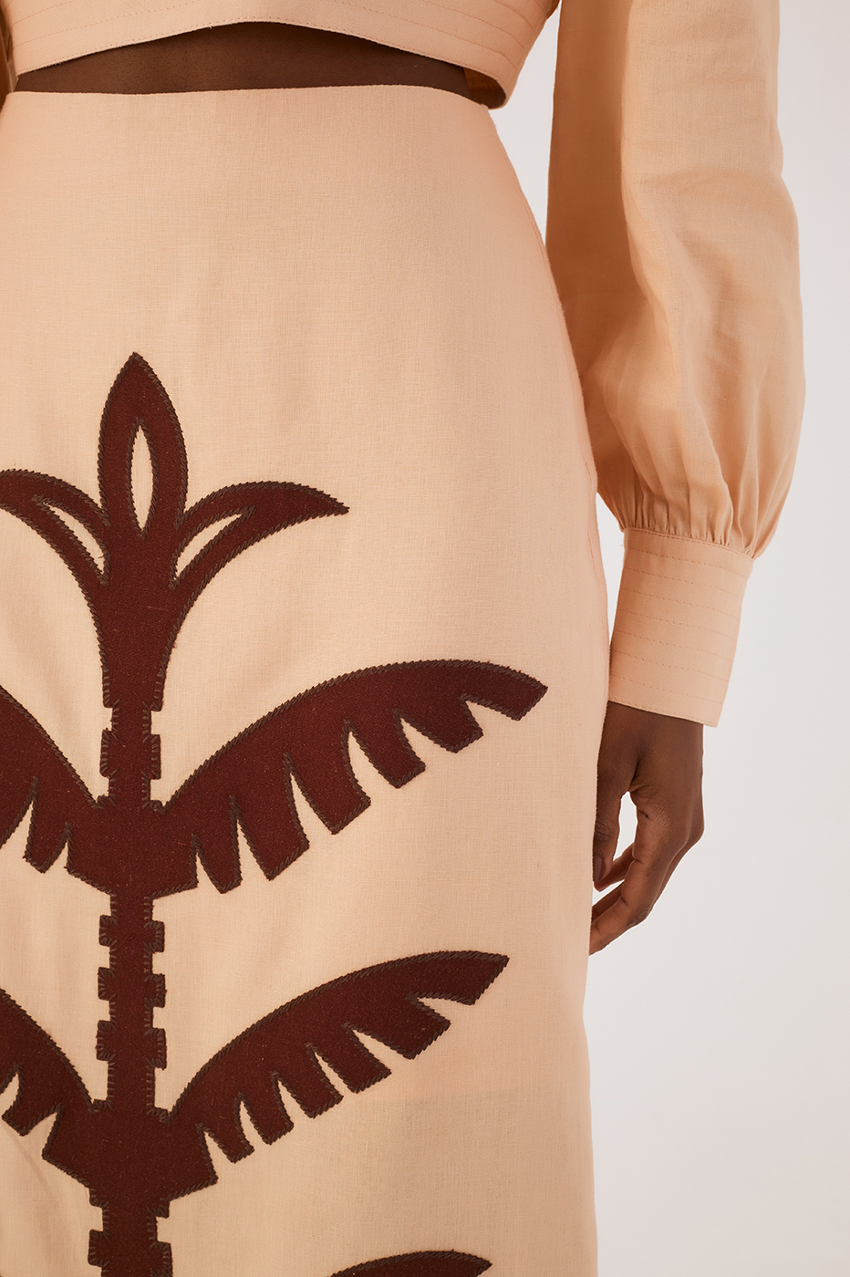 Beige Palm Print Midi Skirt