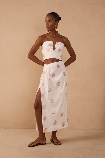 Off-White Side Tie Embroidered Linen Maxi Skirt