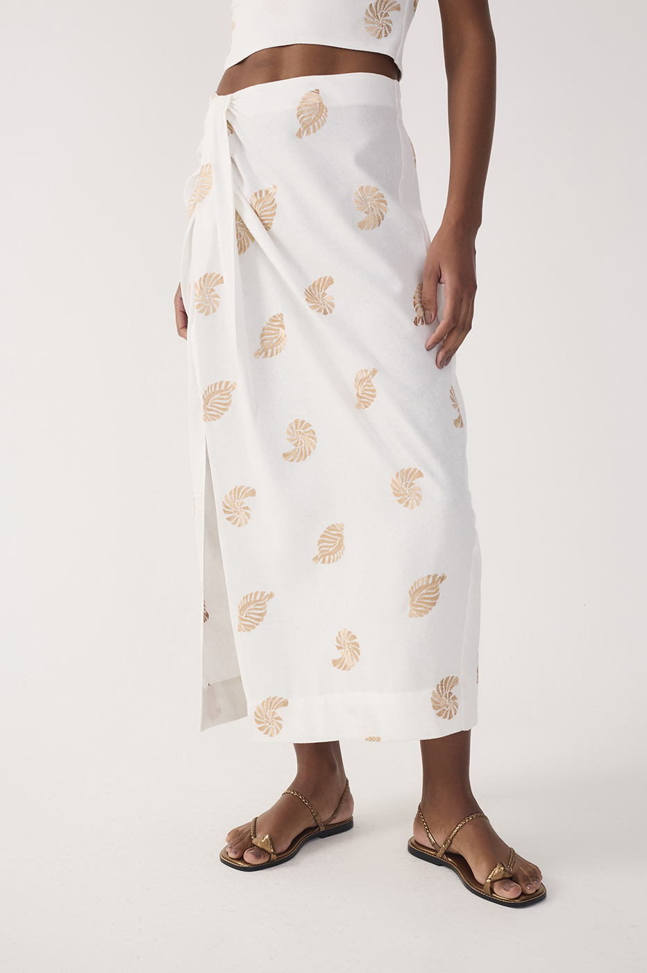 Off-White Side Tie Embroidered Linen Maxi Skirt