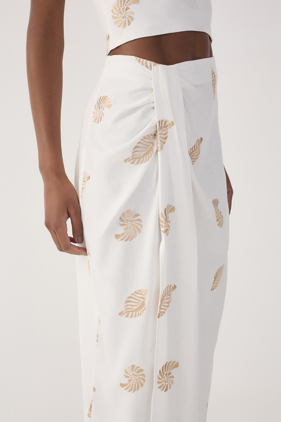 Off-White Side Tie Embroidered Linen Maxi Skirt