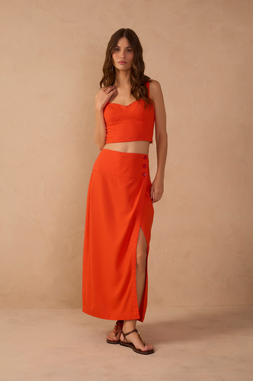 Red Buttoned Front Slit Linen Midi Skirt
