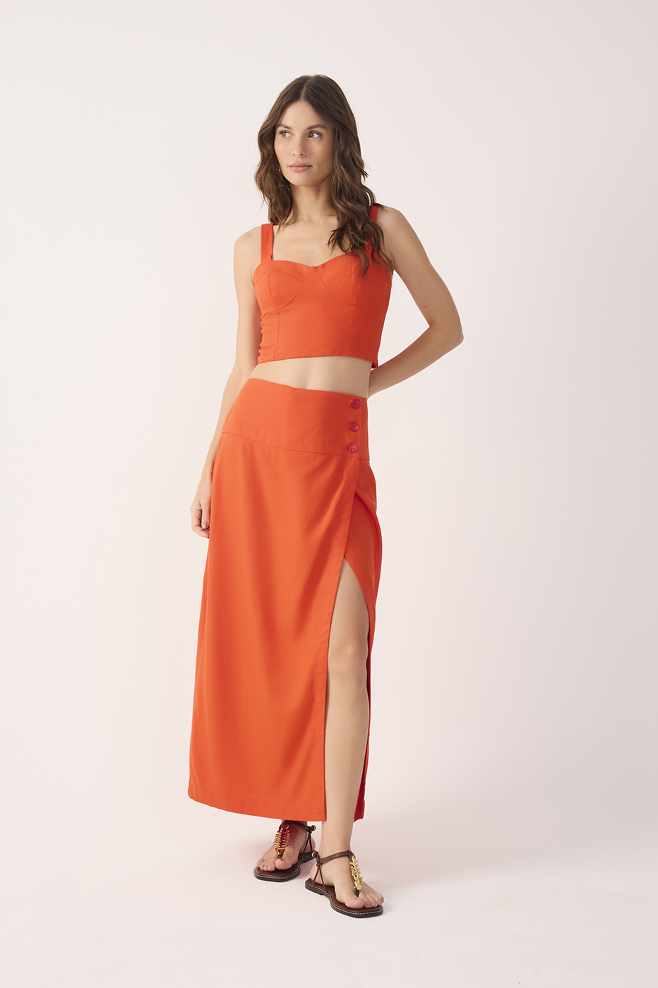 Red Buttoned Front Slit Linen Midi Skirt