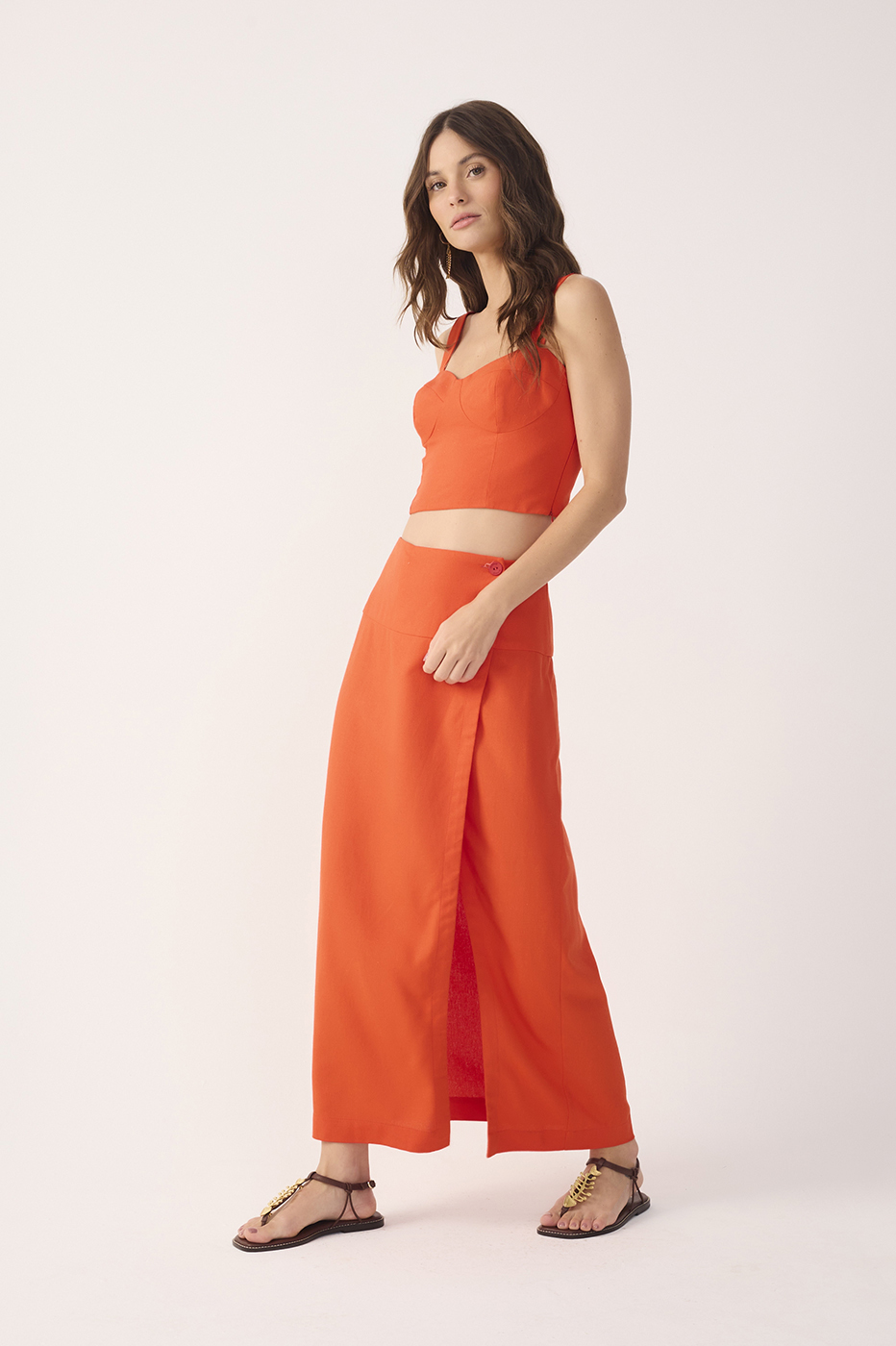 Red Buttoned Front Slit Linen Midi Skirt