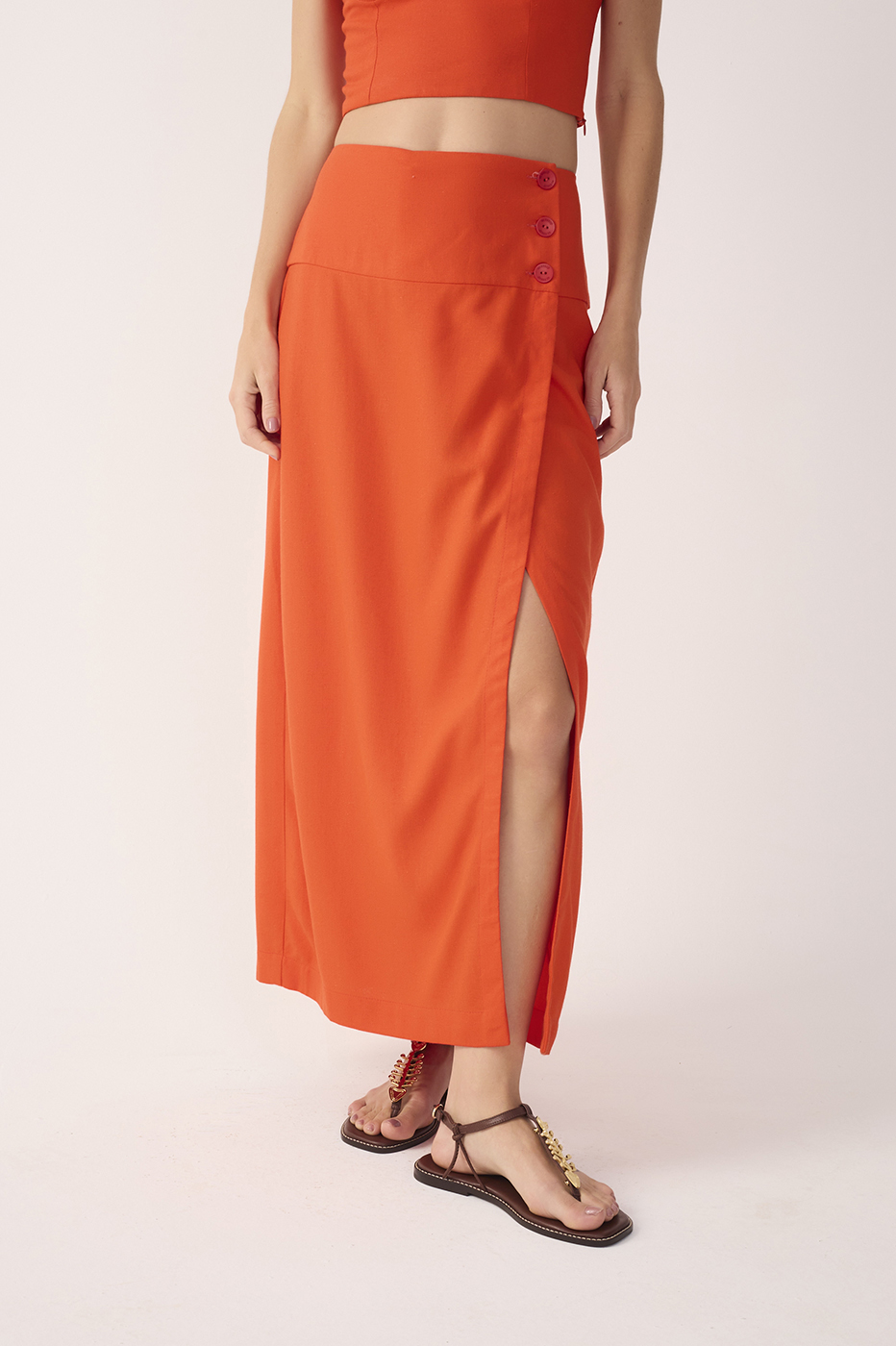 Red Buttoned Front Slit Linen Midi Skirt