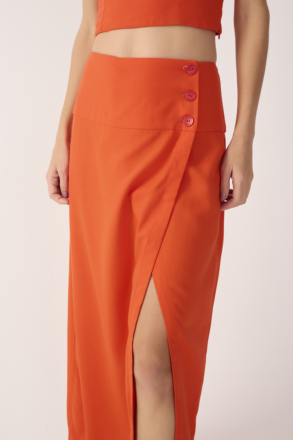 Red Buttoned Front Slit Linen Midi Skirt