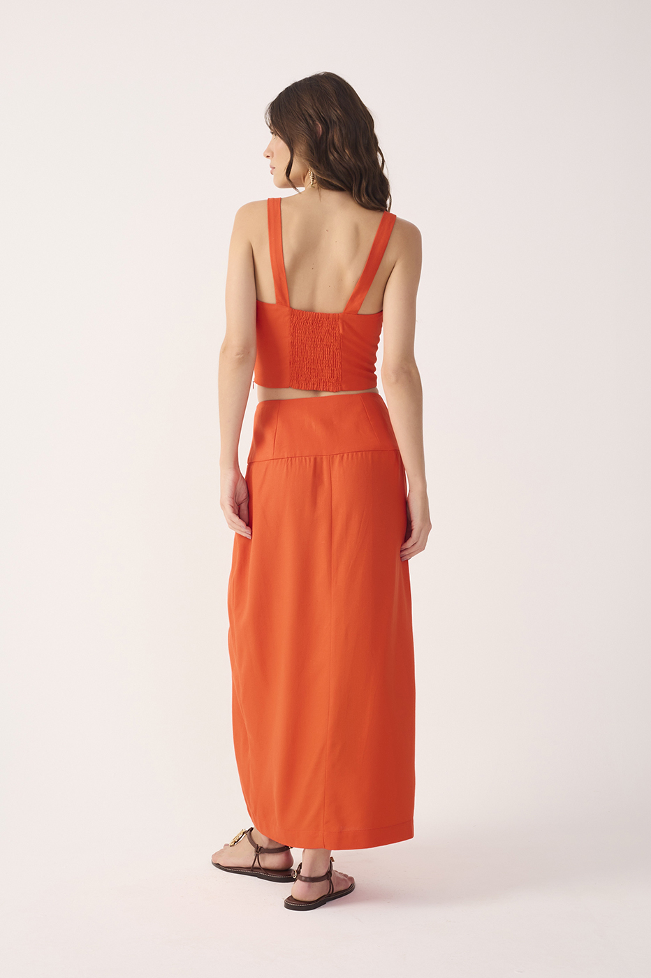 Red Buttoned Front Slit Linen Midi Skirt