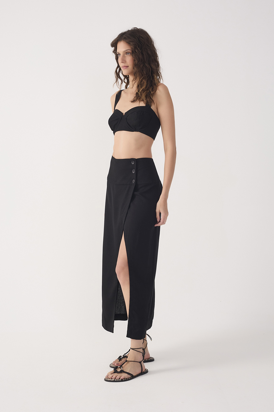Black Buttoned Front Slit Linen Midi Skirt