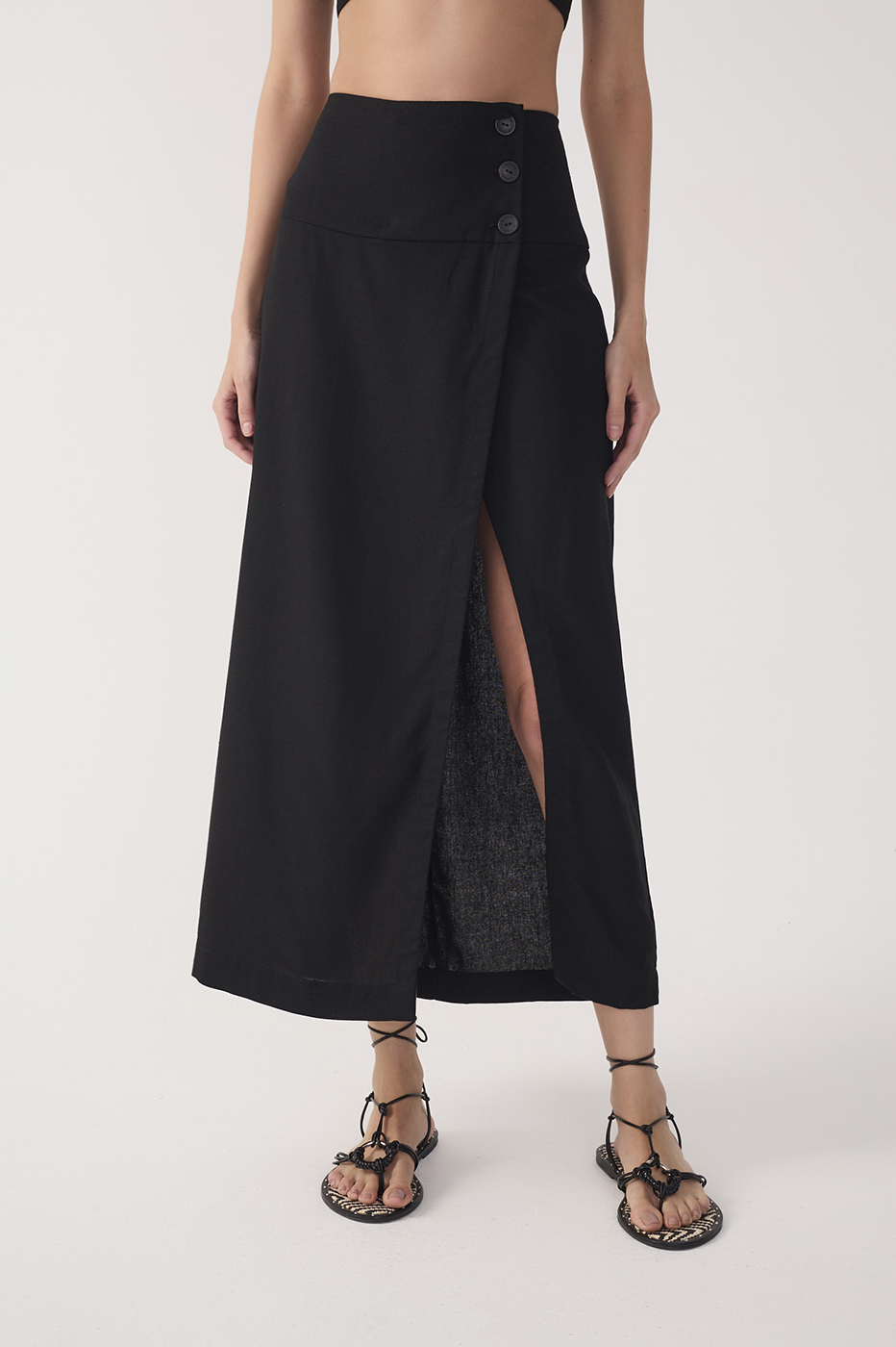 Black Buttoned Front Slit Linen Midi Skirt