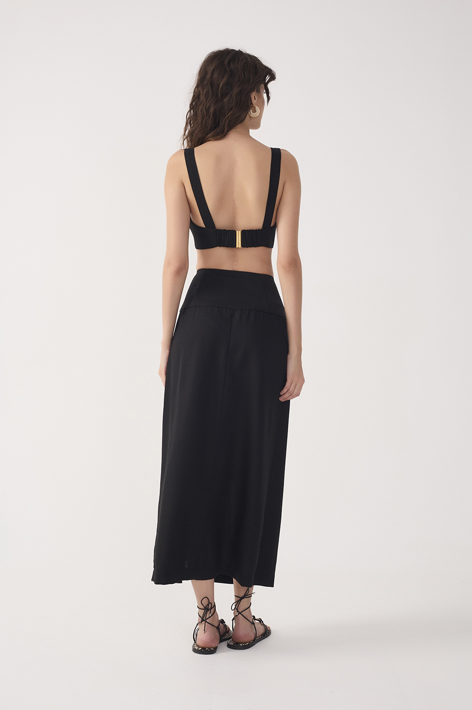 Black Buttoned Front Slit Linen Midi Skirt