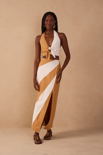 Bicolor Front Slit Midi Linen Skirt