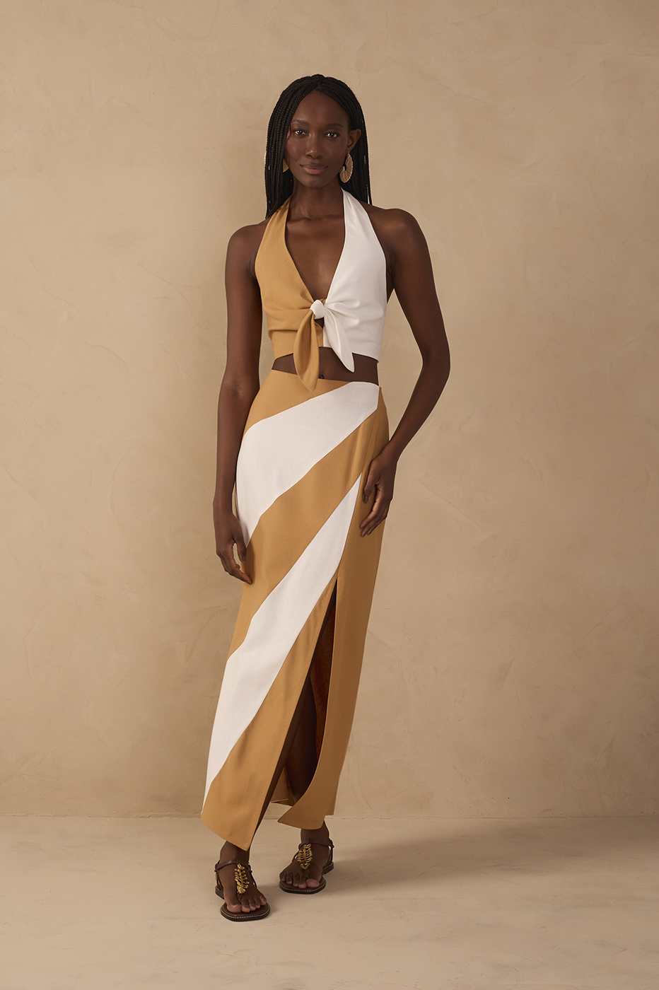 Bicolor Front Slit Midi Linen Skirt
