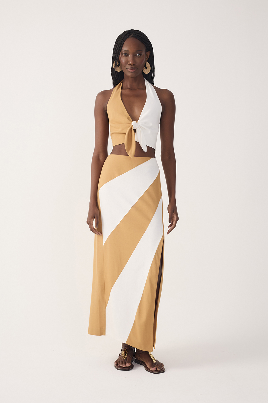 Bicolor Front Slit Midi Linen Skirt