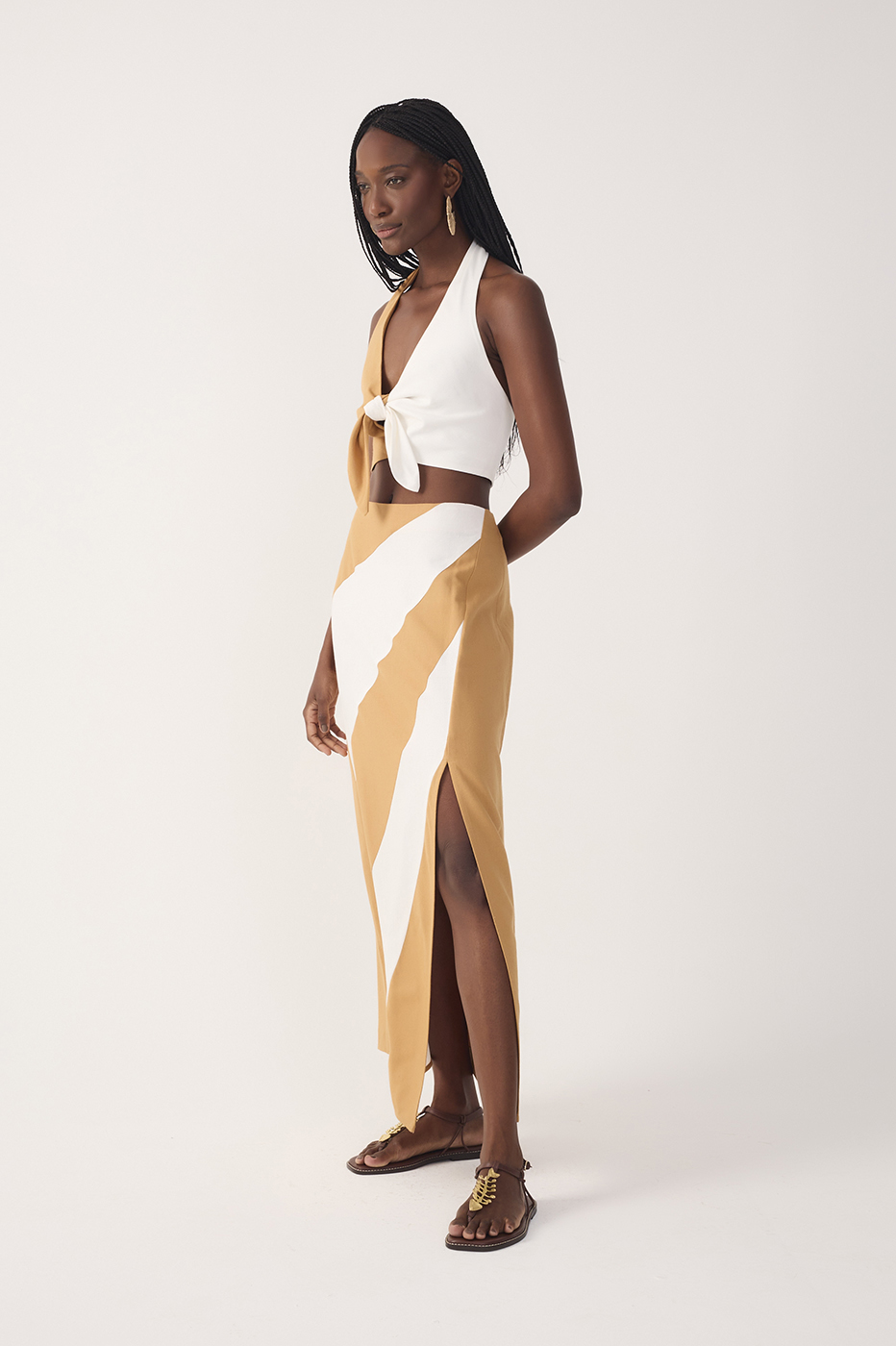 Bicolor Front Slit Midi Linen Skirt