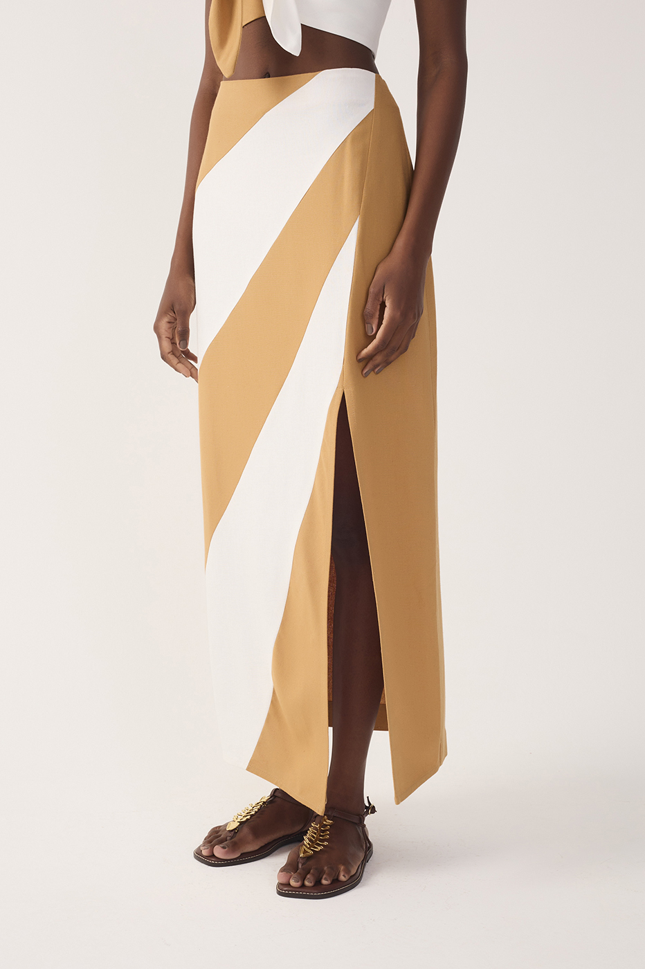Bicolor Front Slit Midi Linen Skirt