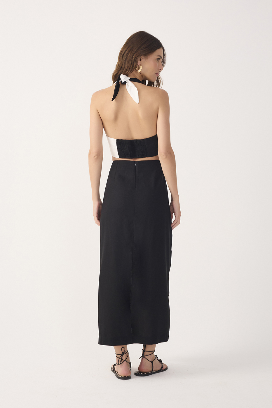 Bicolor Front Slit Midi Linen Skirt