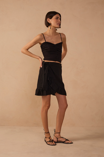 Black Wrap Ruffled Linen Mini Skirt