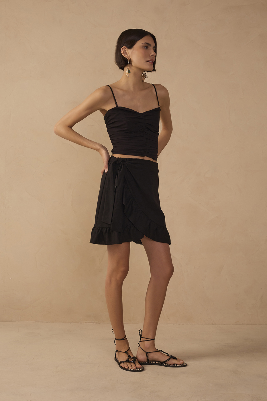 Black Wrap Ruffled Linen Mini Skirt