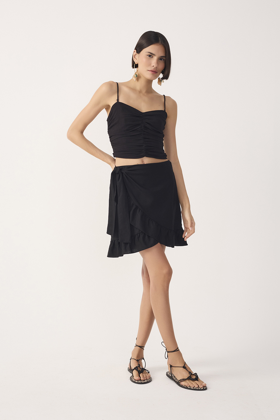 Black Wrap Ruffled Linen Mini Skirt
