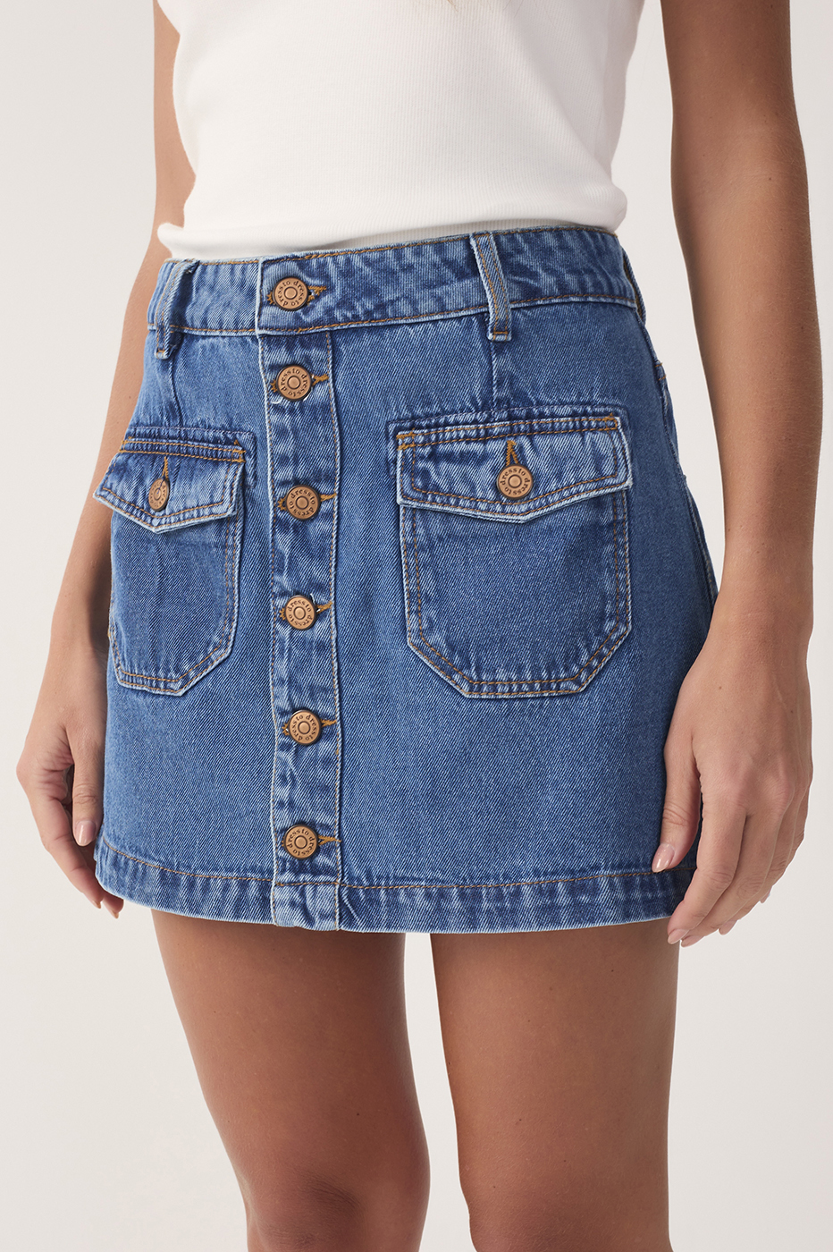 Denim Button-Front Pockets Cotton Skirt