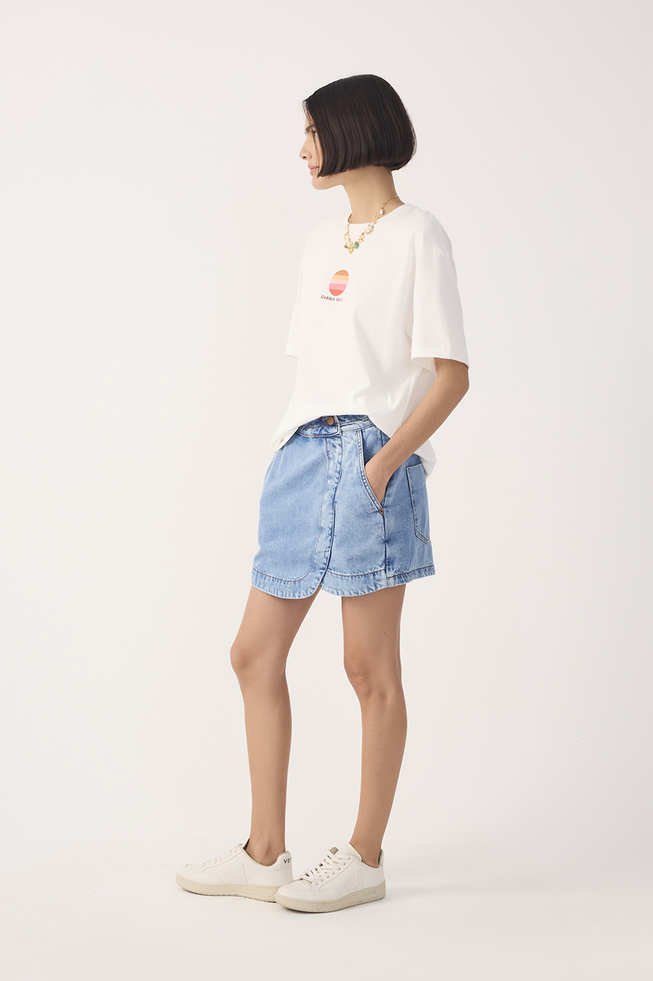 Denim Topstitched Waistband Skorts